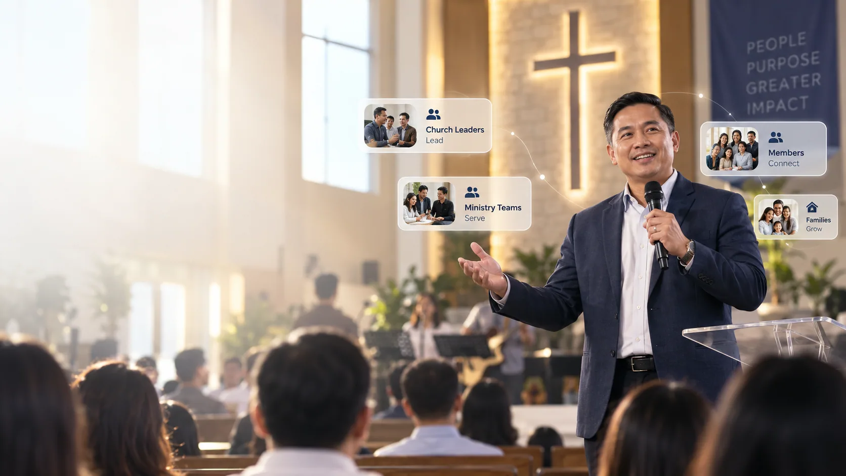A Filipino pastor speaking to a congregation in a bright contemporary church, with leaders, ministry teams, members, and families connected around him
