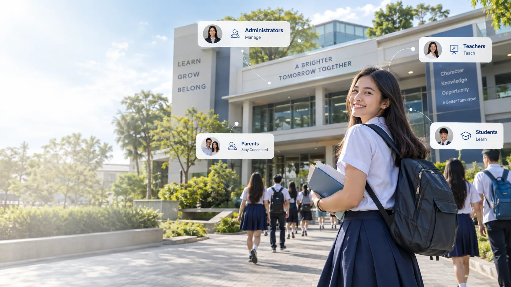 A Filipino student with a backpack on a bright modern school campus, with administrators, teachers, parents, and students connected around her