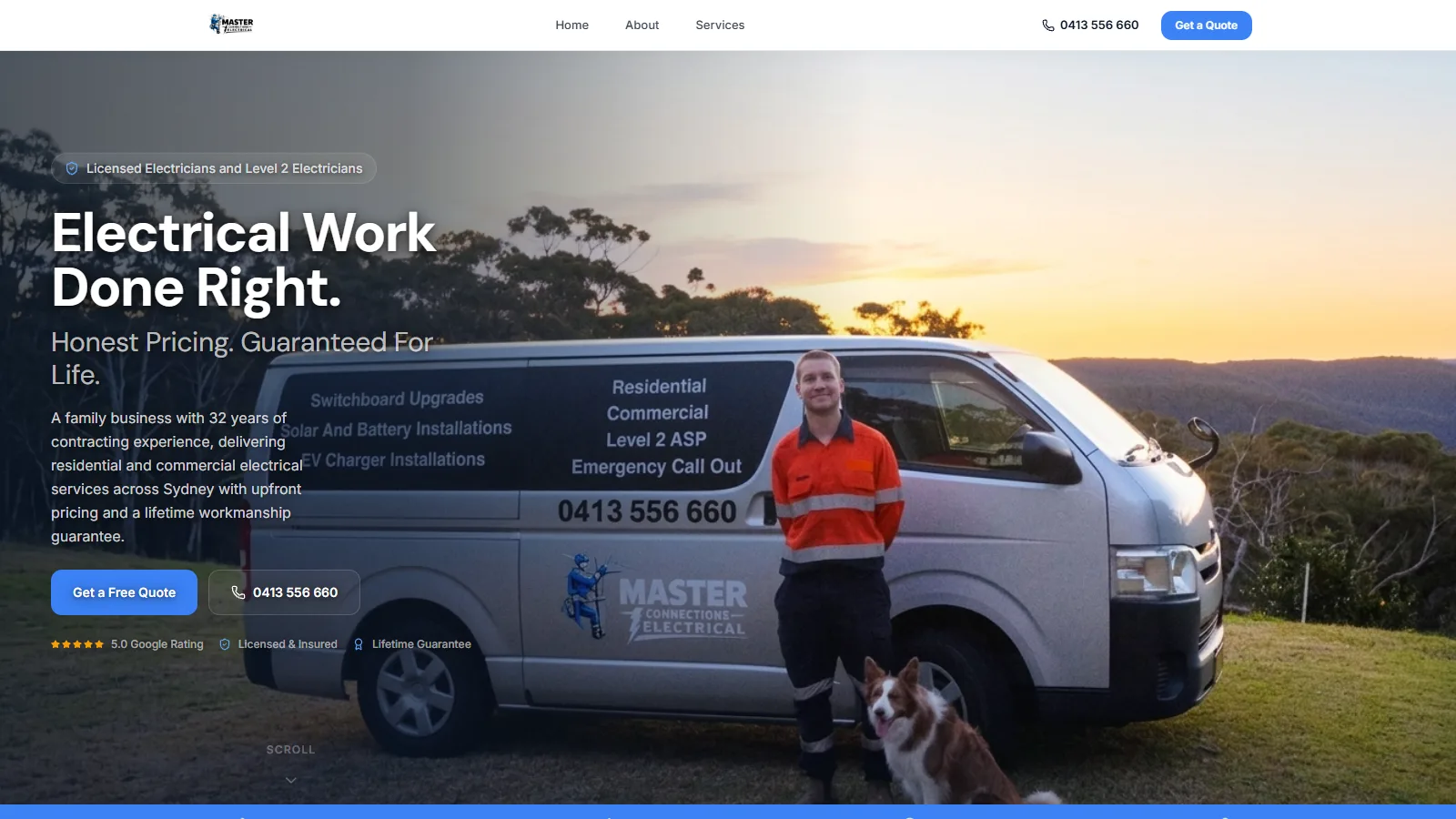 Master Connections Electrical, Service website for a residential and commercial electrician: dedicated pages for installations, repairs, rewiring, solar, EV chargers, and emergency callouts across Greater Sydney.