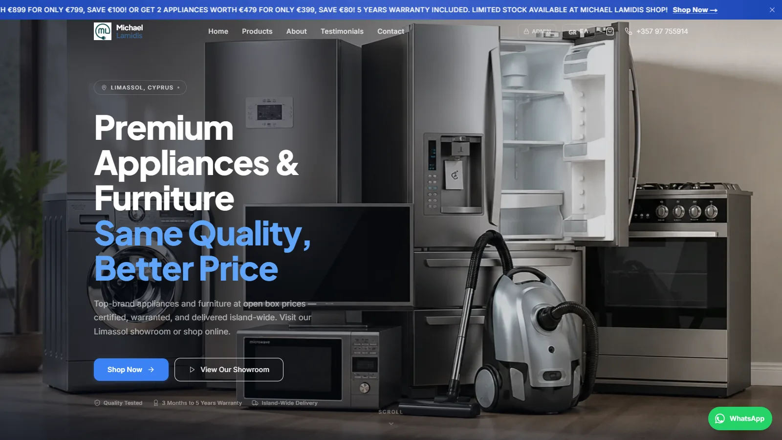 Michael Lamidis, Shop site for certified open-box appliances and furniture: catalog by category, warranty information, testimonials, and showroom, phone, WhatsApp, and email contact.