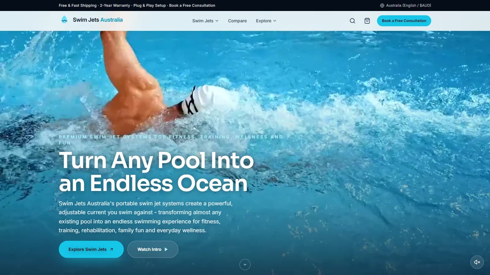 Swim Jets Australia, Video-first marketing site for the M Series counter-current swim jets, with product pages, a blog, comparison tools, and a custom CMS and admin dashboard.