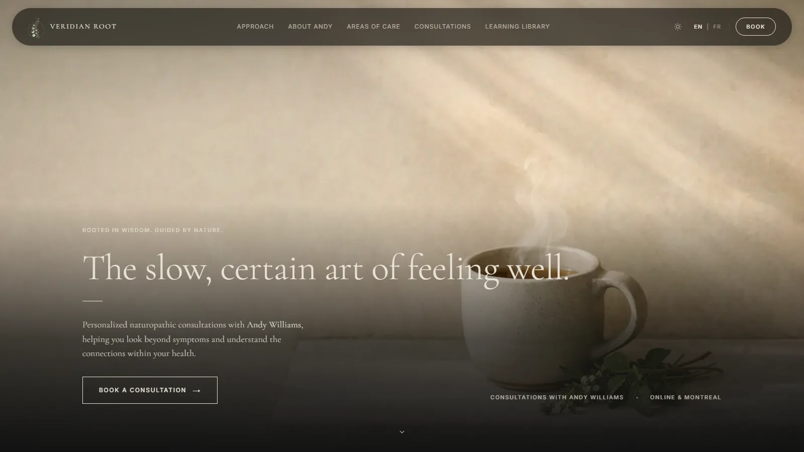 Veridian Root, Bilingual English and French naturopathy website with consultation booking, a learning library, and an editorial design with dark mode.