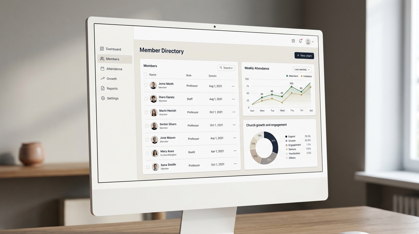 Smart Church church management dashboard showing members and attendance